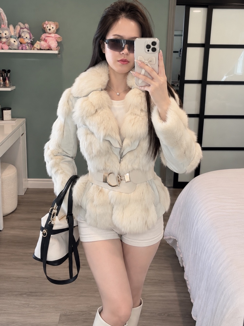 Vintage White Fox Fur Pigskin Leather Belted Jacket XS